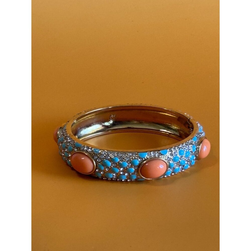 Stella and Dot Turquoise Coral Rhinestone Hinged Bangle Bracelet - Picture 3 of 5